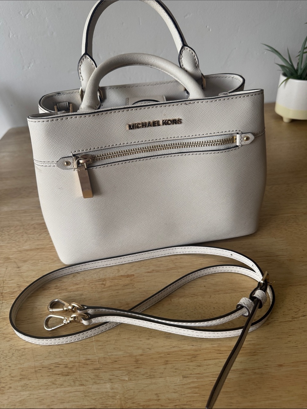 Michael Kors Cream Saffiano Leather Mini Satchel with Gold Hardware